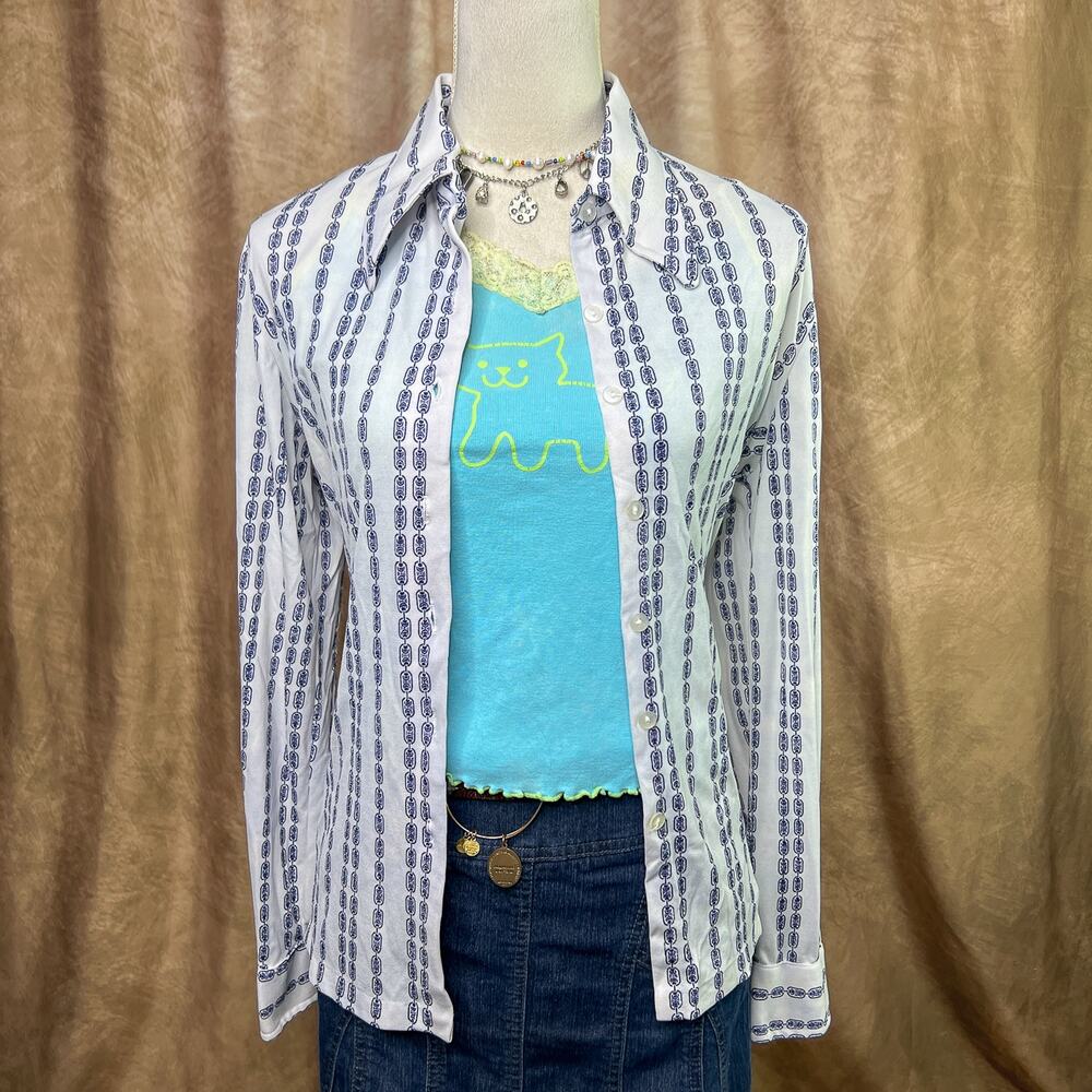 Vintage Geometric Pattern Disco Shirt White Blue Chain Print Dagger Collar Retro